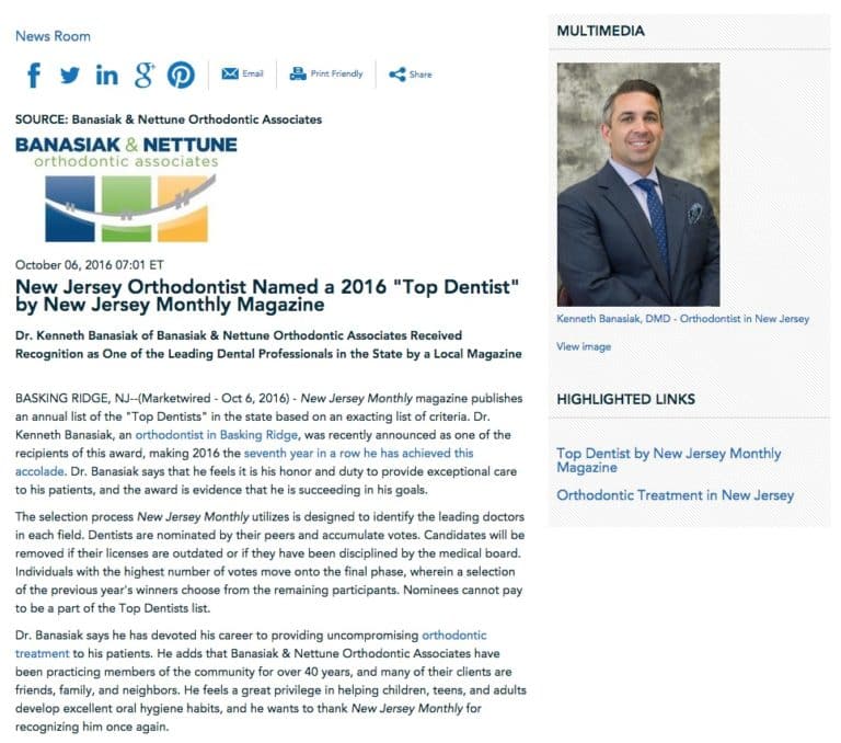 Online article naming Banasiak & Nettune as NJ top orthodontists - Basking Ridge and Mendham, NJ - Banasiak & Nettune