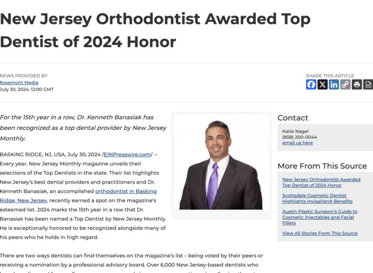 Screenshot of online article about New Jersey orthodontist award Basking Ridge and Mendham, NJ - Banasiak & Nettune